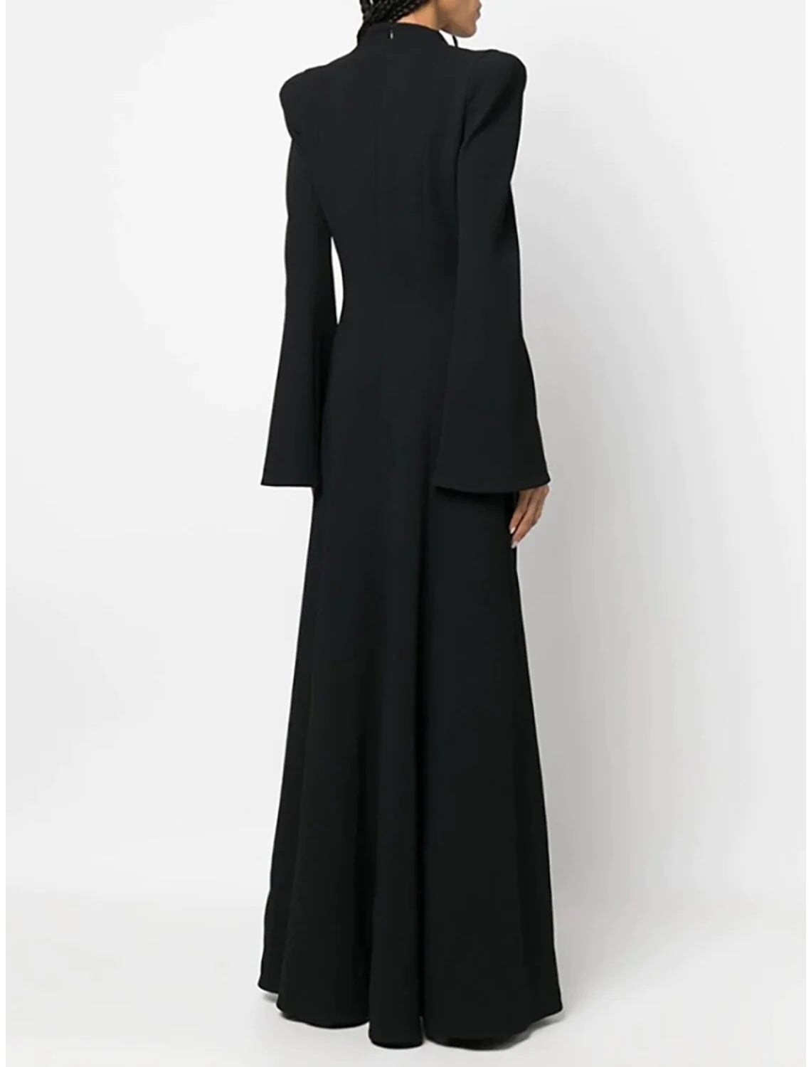 A-Linien-Abendkleid, elegantes Kleid, formell, asymmetrisch, schwarzes Kleid, langärmlig, V-Ausschnitt, Stretchstoff mit Falten